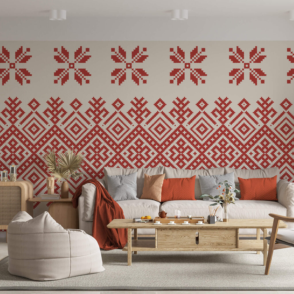 Geometrisches Band mit Blüten in einem Interieur