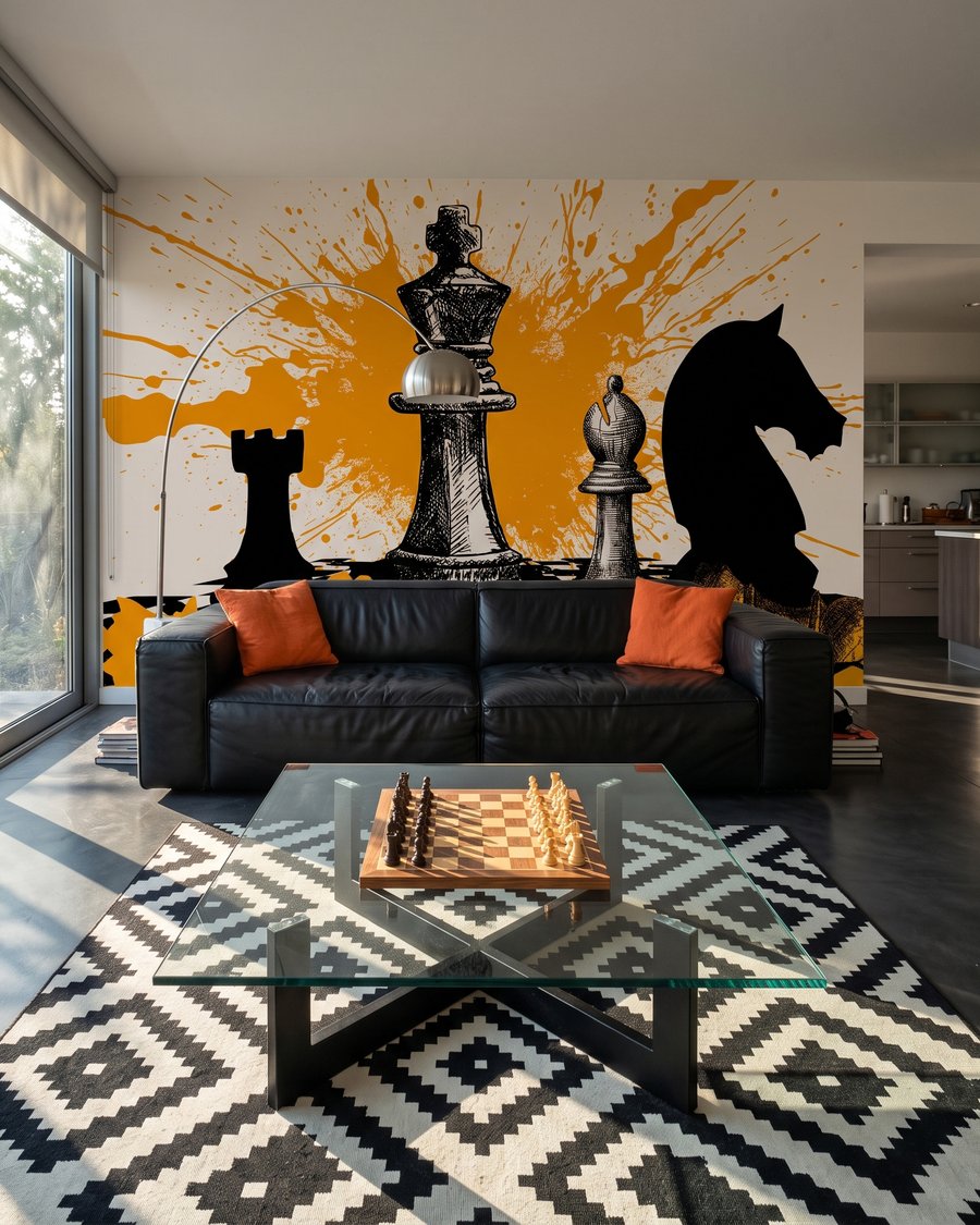 Schach mit gelben Farbspritzern in einem Interieur