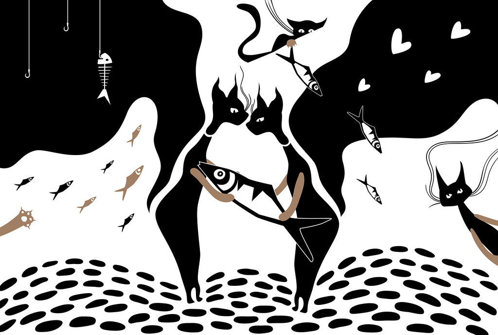 Katzen, Fische und Herzen — ganzes Design