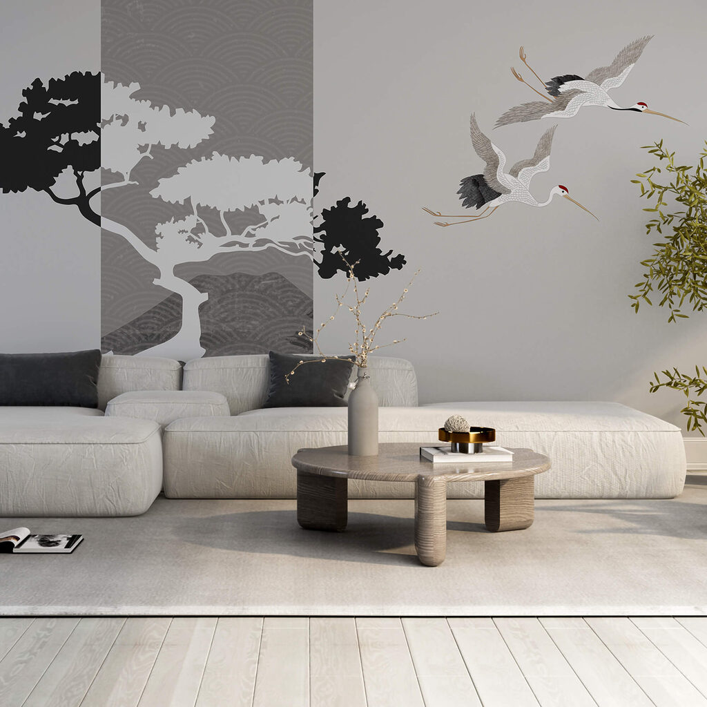 Kraniche am Baum in einem Interieur