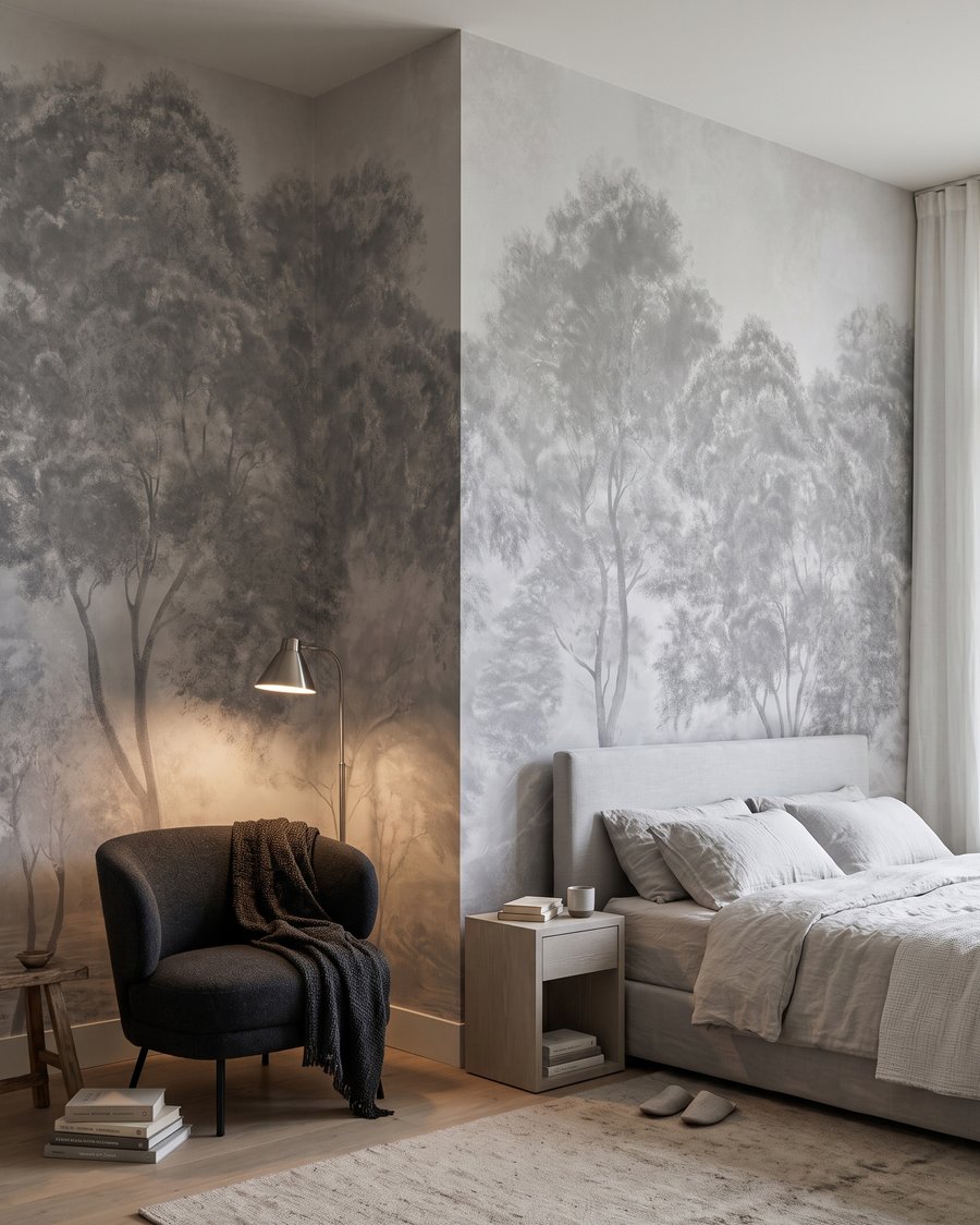 Wald in Grautönen in einem Interieur