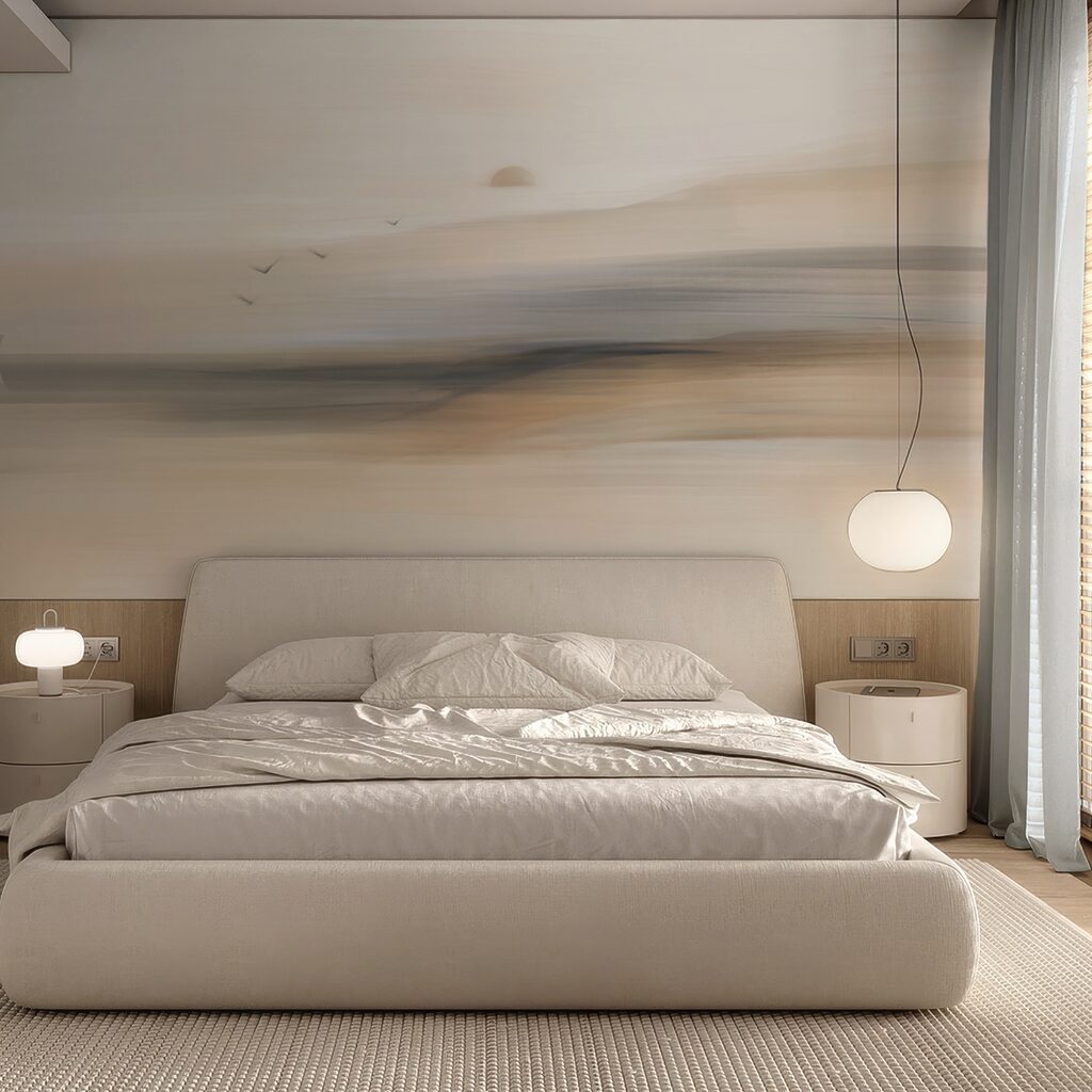 Fototapete hinter dem Bett in einem Schlafzimmer