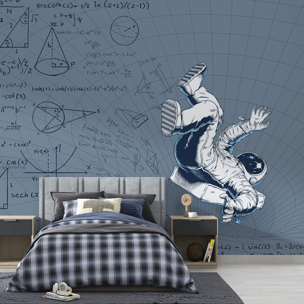 Astronaut zwischen Formeln in einem Interieur
