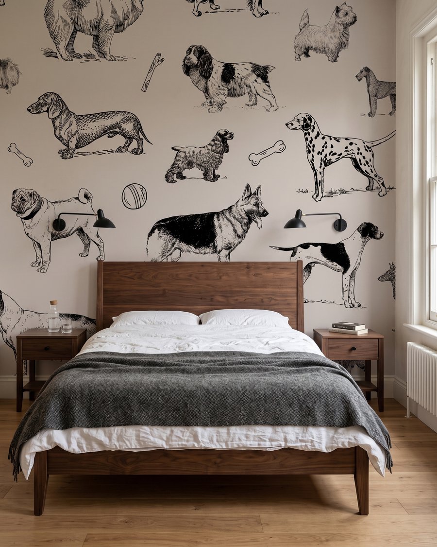 Hunde in feinen Federstrichen in einem Interieur