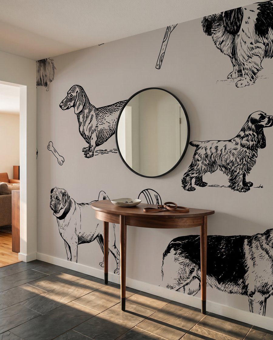 Hunde in feinen Federstrichen in einem Interieur
