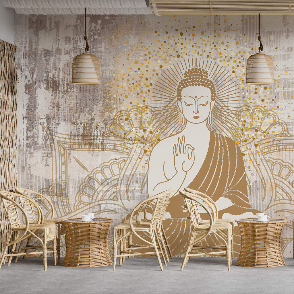 Buddha in goldenen Linien in einem Interieur