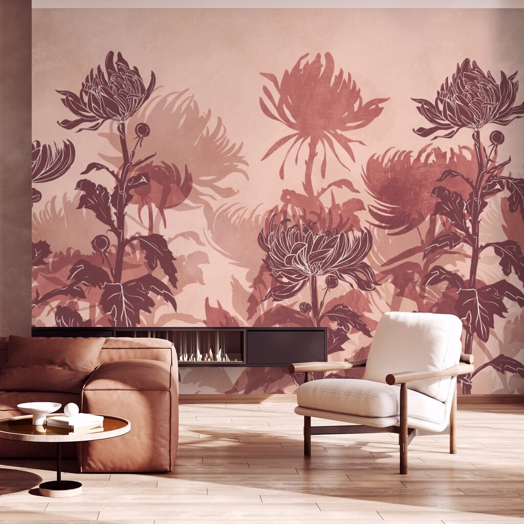 Blumen in wechselnden Höhen in einem Interieur