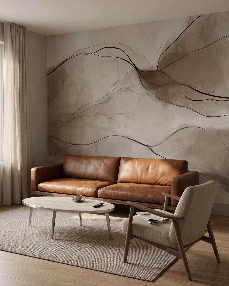 Fototapete hinter dem Sofa in einem Wohnzimmer