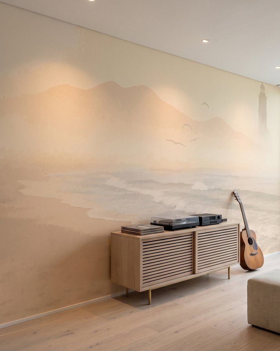 Leuchtturm im goldenen Dunst in einem Interieur