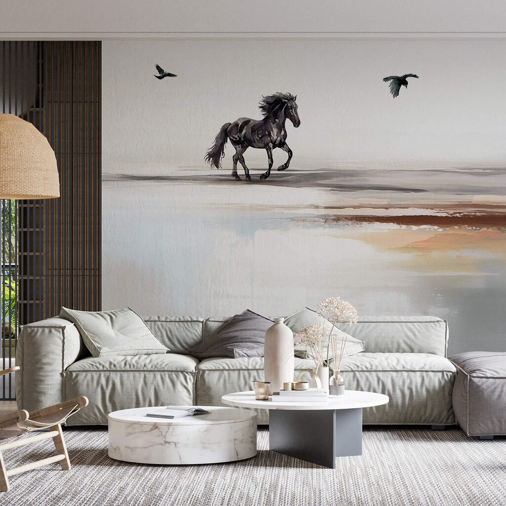 Pferd mit fliegenden Vögeln in einem Interieur