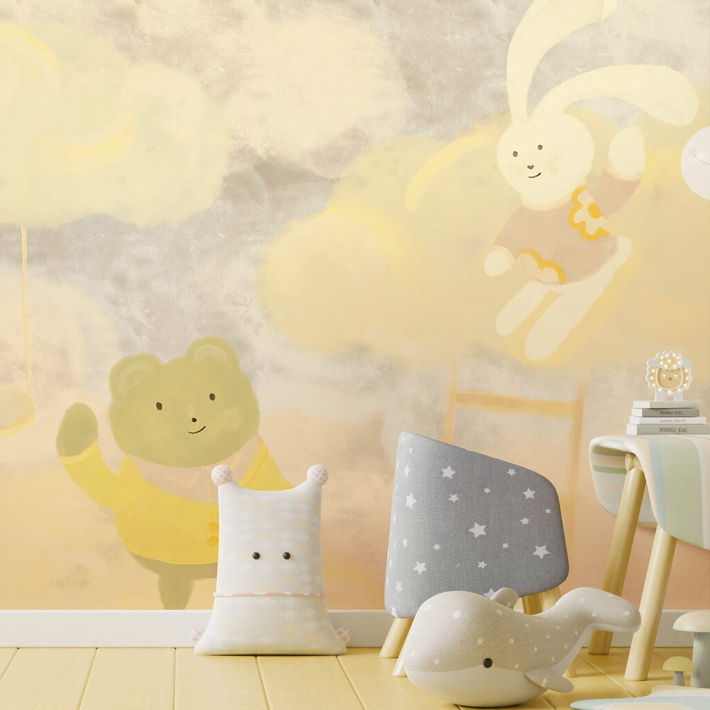 Tierchen über gelben Wolken in einem Interieur