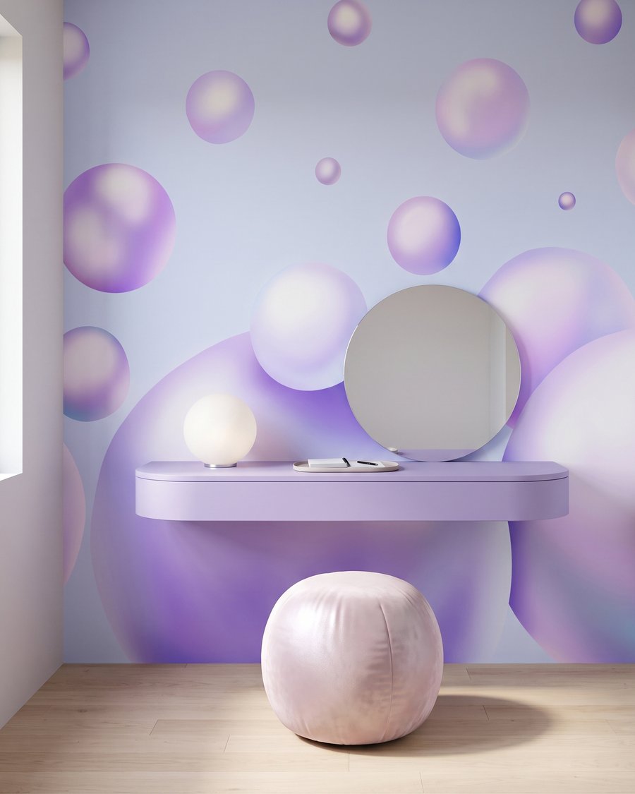 Glänzende Blasen schweben frei in einem Interieur