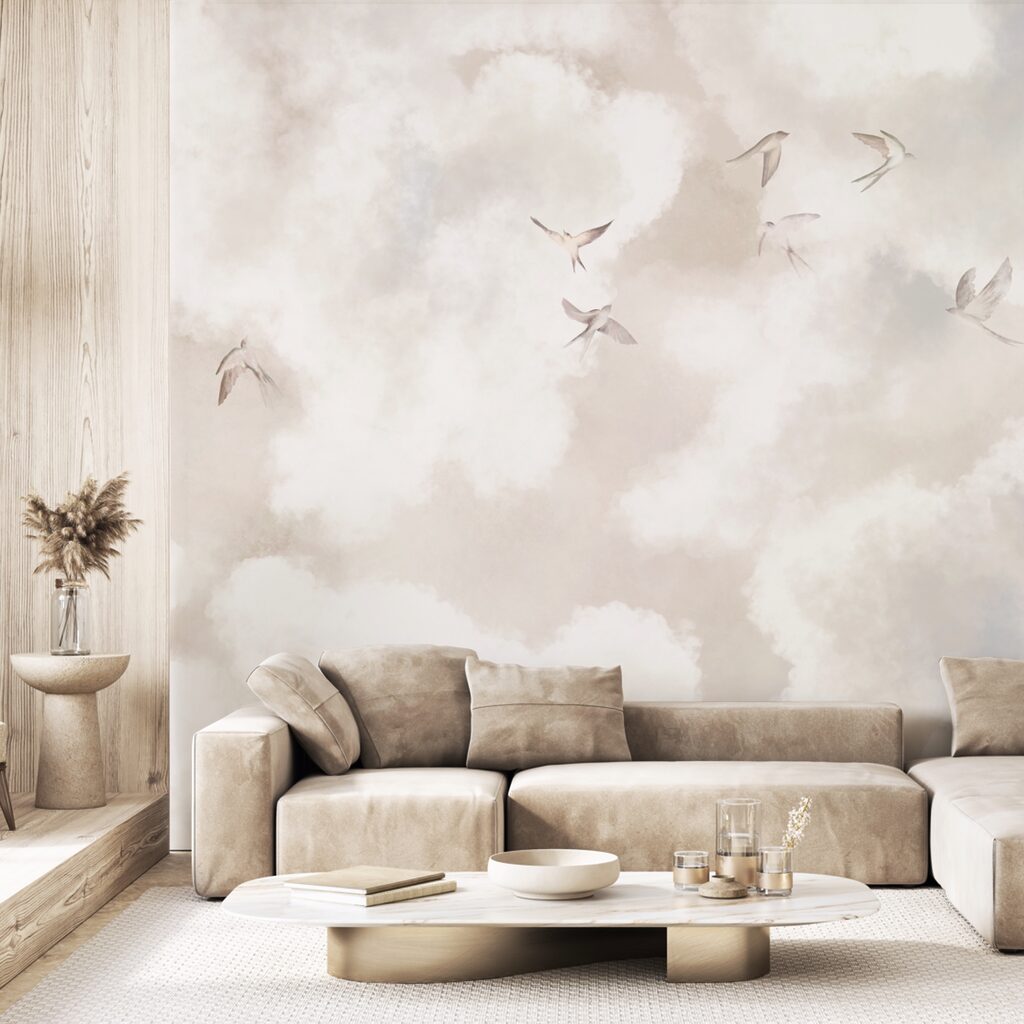 Vögel zwischen hellen Wolken in einem Interieur