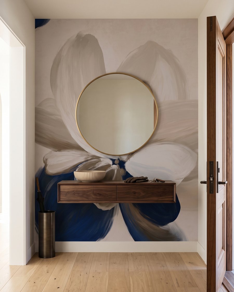 Helle Blütenblätter auf Indigo in einem Interieur