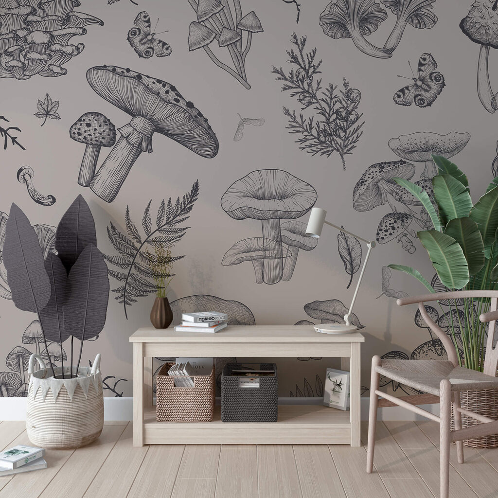 Pilze in feinen Linien in einem Interieur