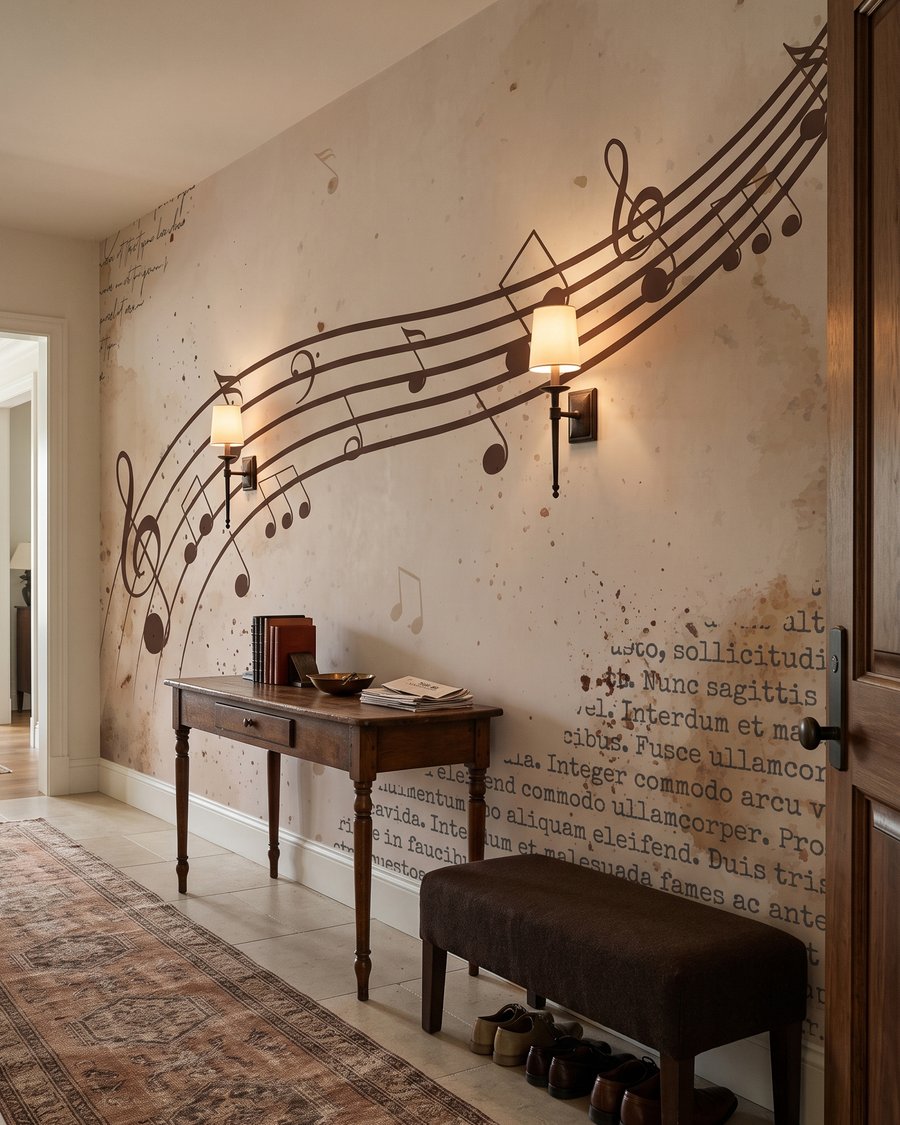Noten auf geschwungenen Linien in einem Interieur