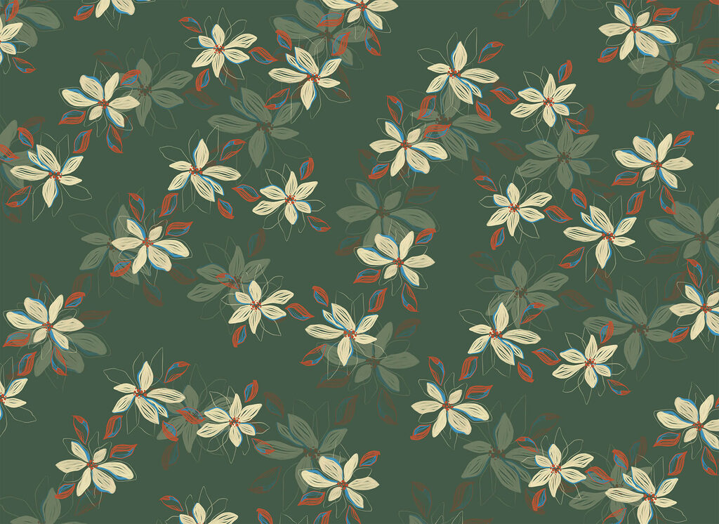 Weiße Blüten auf Grün — ganzes Design