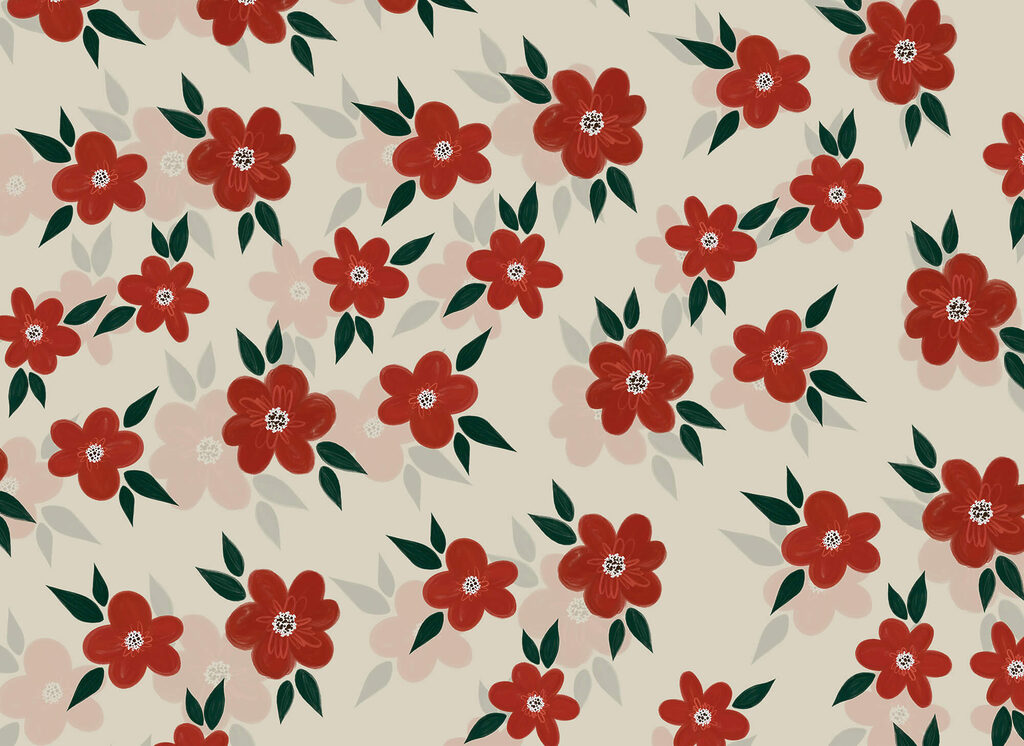 Rote Blüten, grüne Blätter — ganzes Design