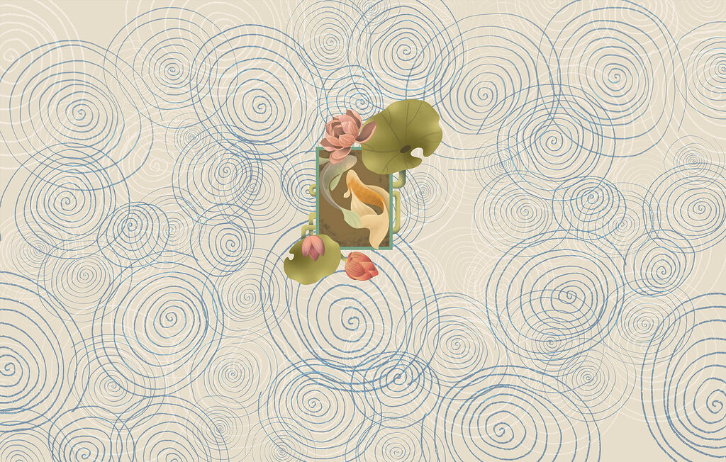 Fisch zwischen Wasserblumen — ganzes Design