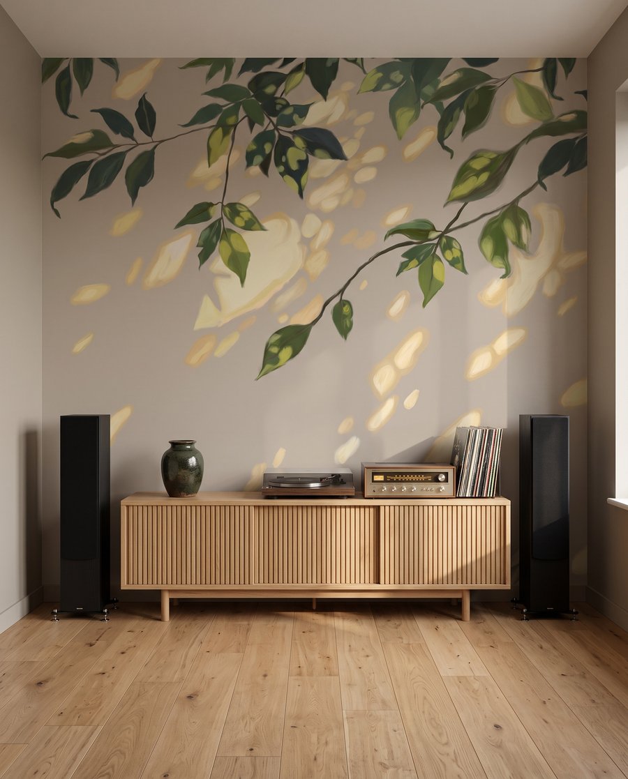 Sonnenflecken im Laub in einem Interieur