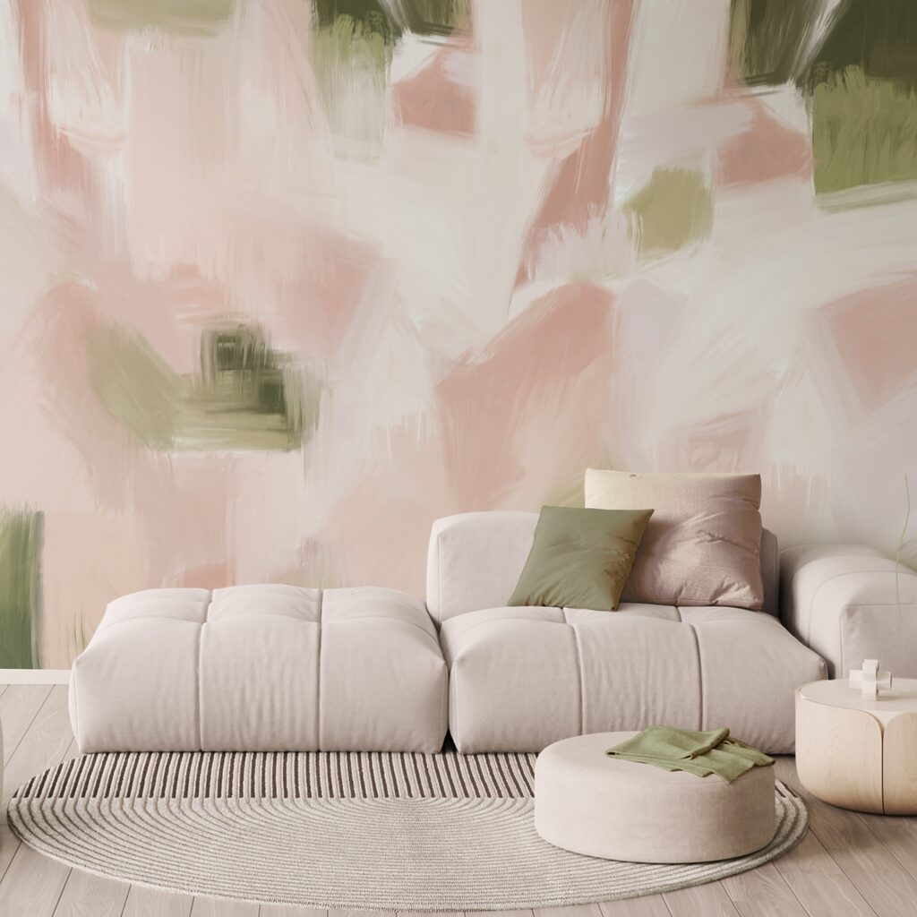 Rosa Pinselstriche mit Grün in einem Interieur