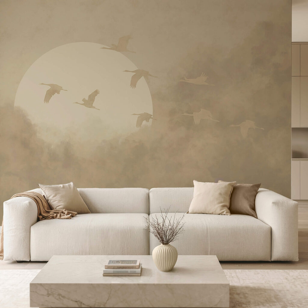 Vögel vor blasser Sonne in einem Interieur