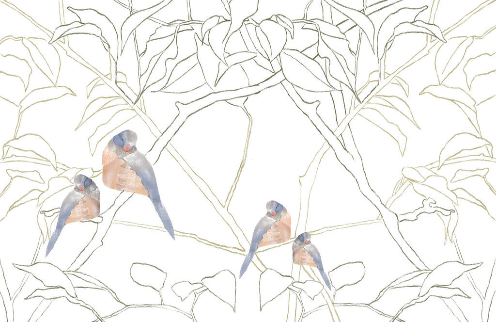 Vögel zwischen hellen Blättern — ganzes Design