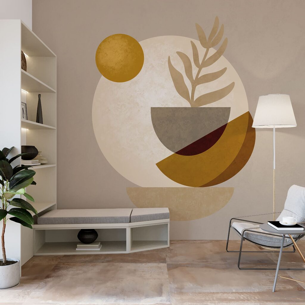 Blatt vor gestapelten Schalen in einem Interieur