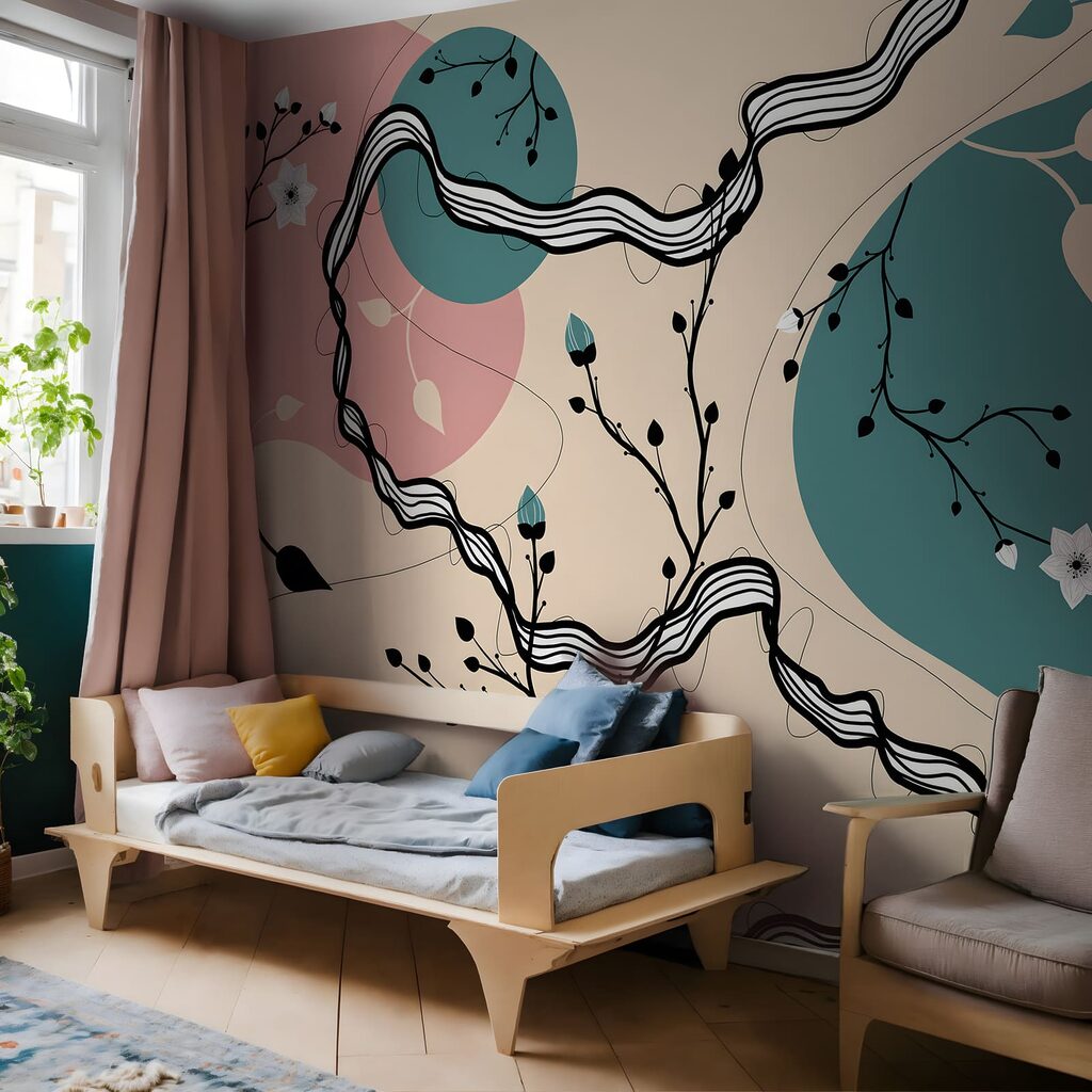 Blüten zwischen geschwungenen Linien in einem Interieur