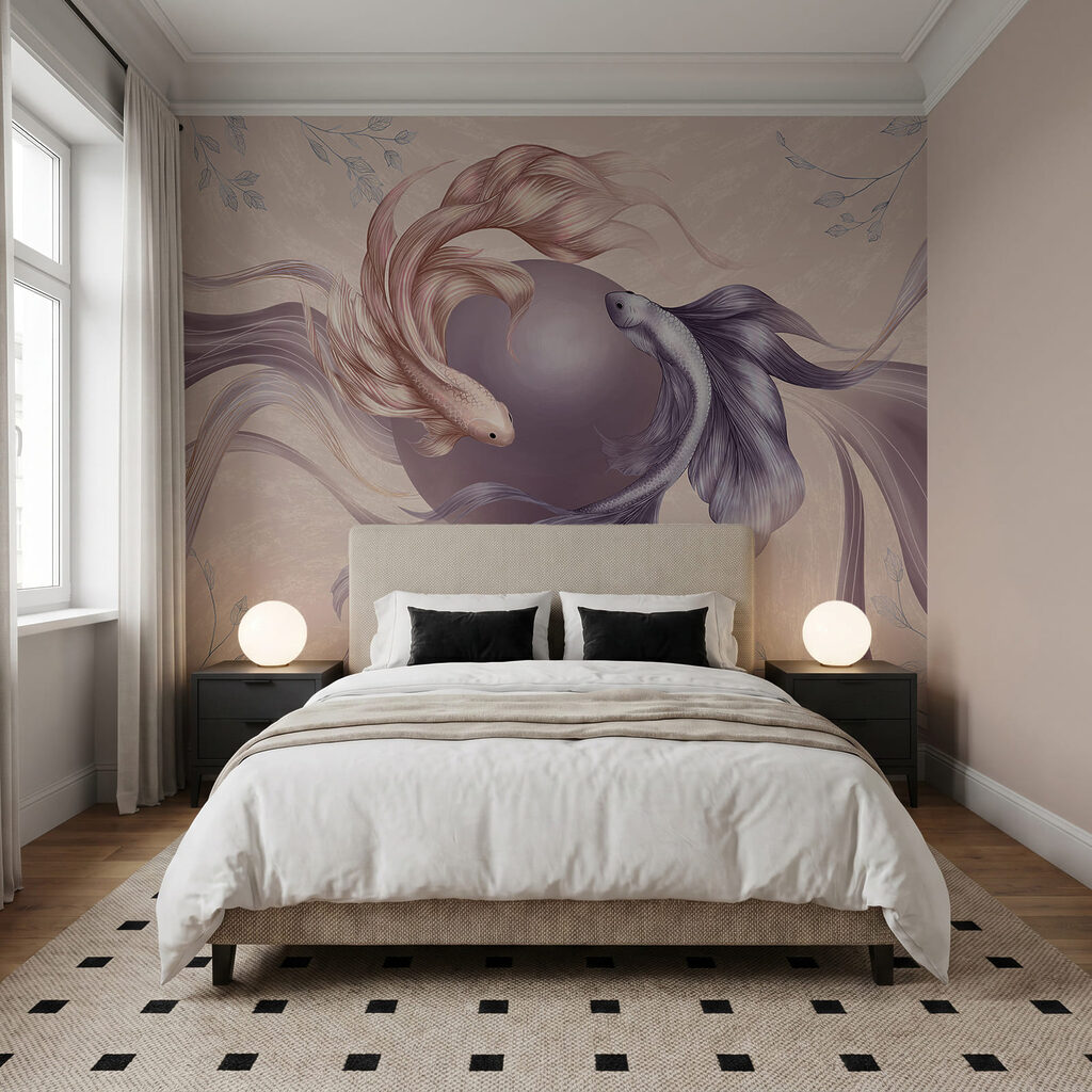 Schleierschwänze um eine Perle in einem Interieur