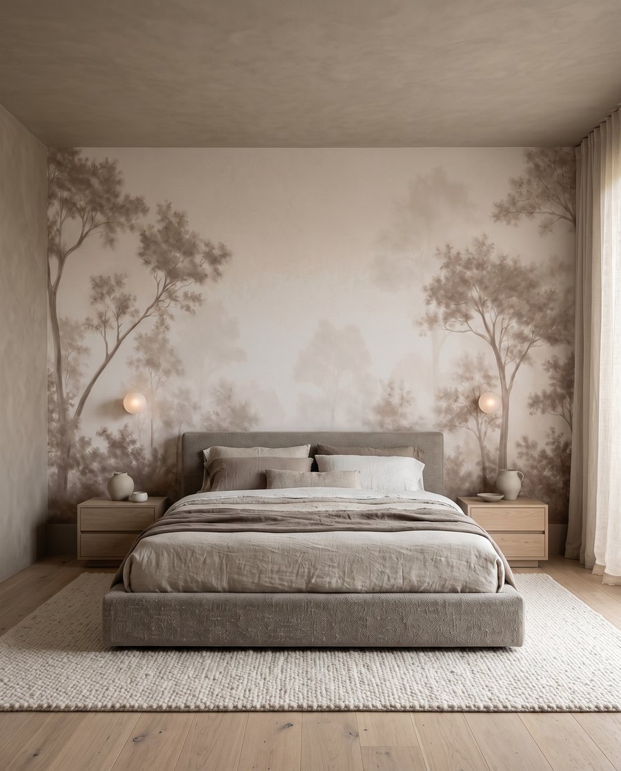 Waldrand hinter lichtem Nebel in einem Interieur