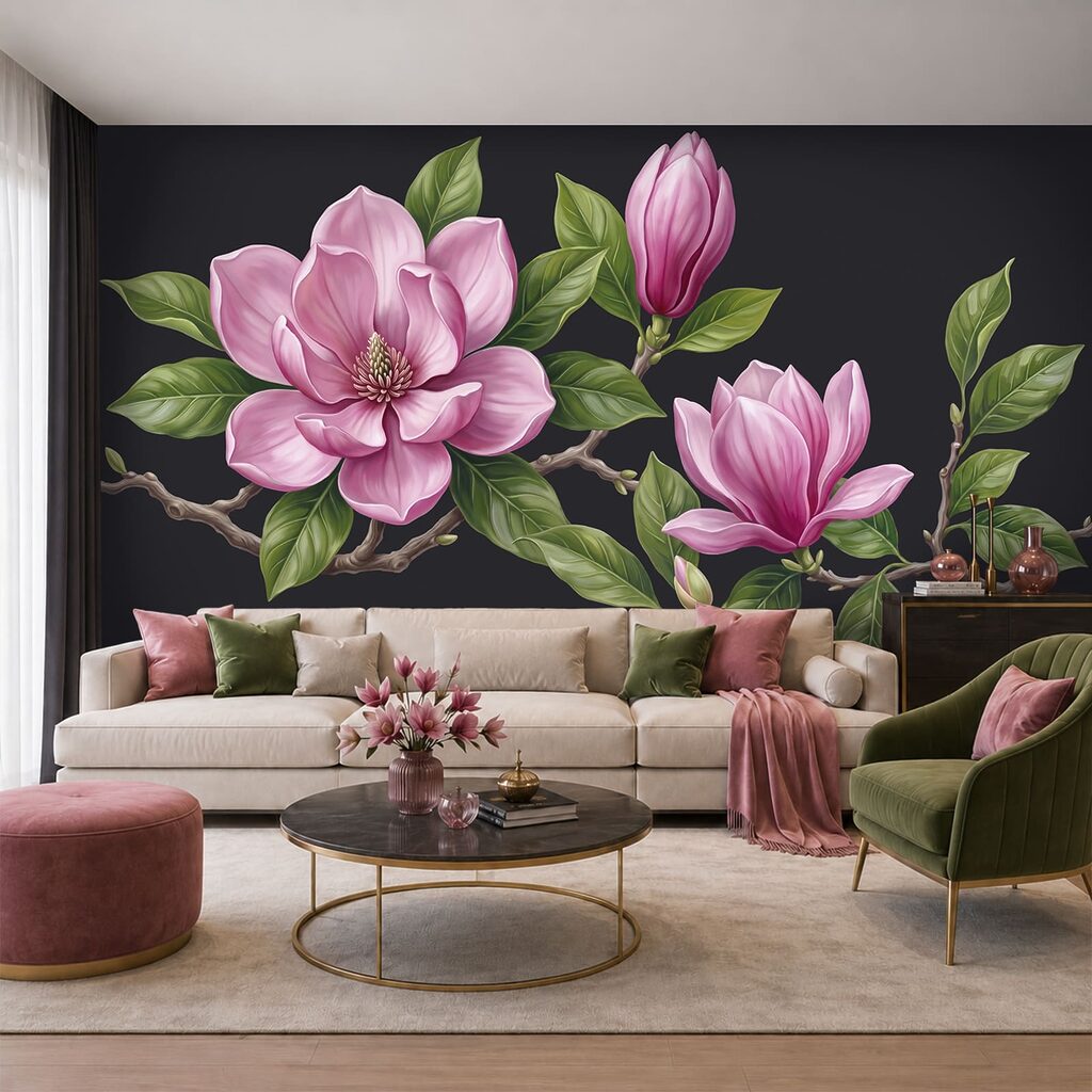 Zweig mit rosa Blüten in einem Interieur