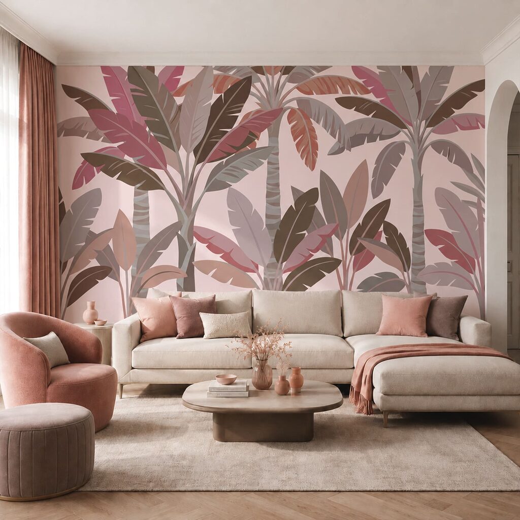 Flächige Tropenblätter in einem Interieur