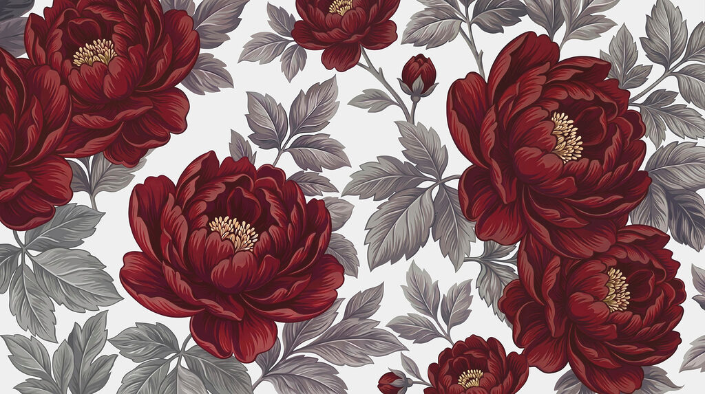 Dunkelrote Blüten auf Weiß — ganzes Design