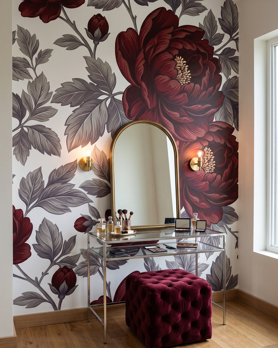 Dunkelrote Blüten auf Weiß — Interieur 2