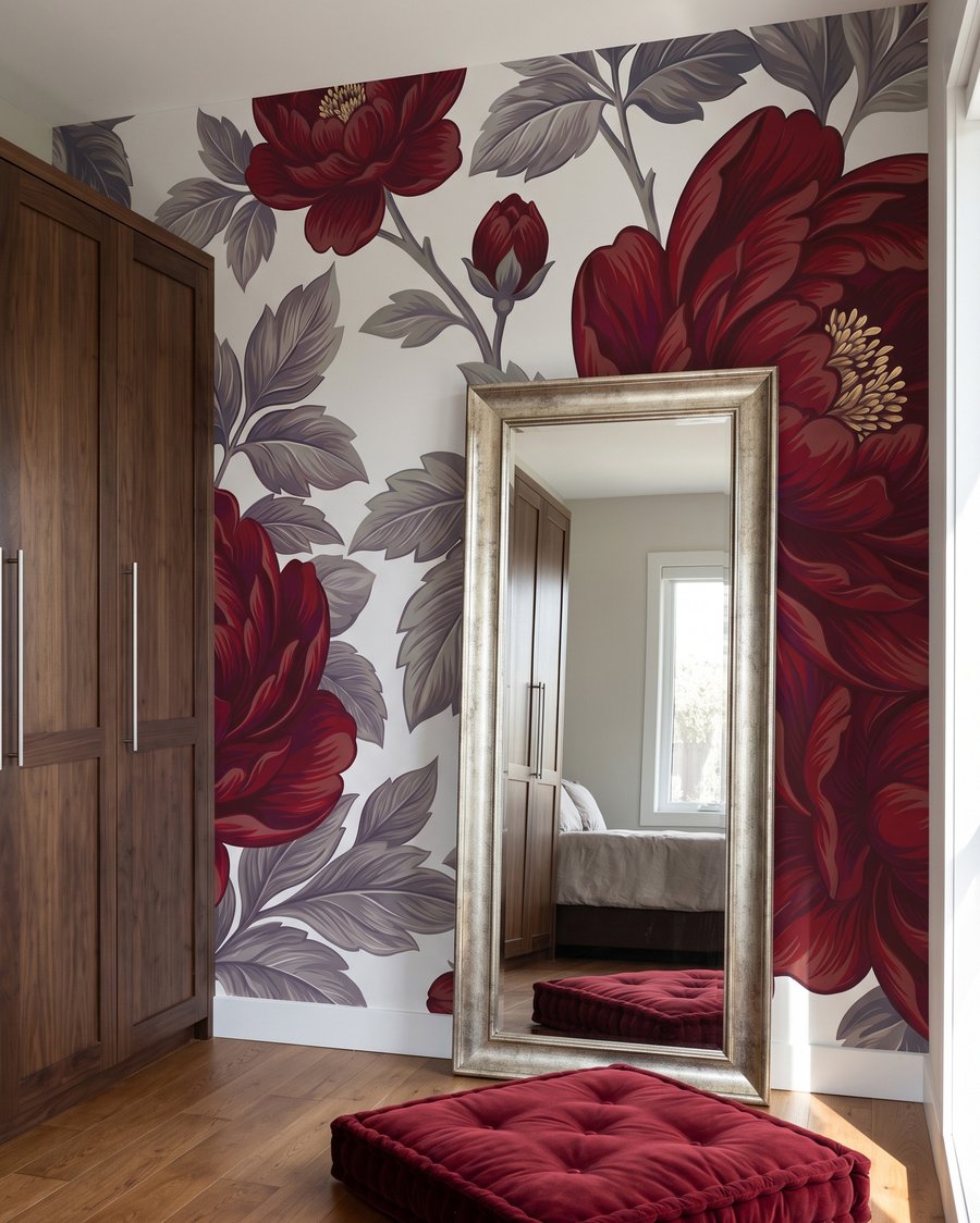 Dunkelrote Blüten auf Weiß — Interieur 3