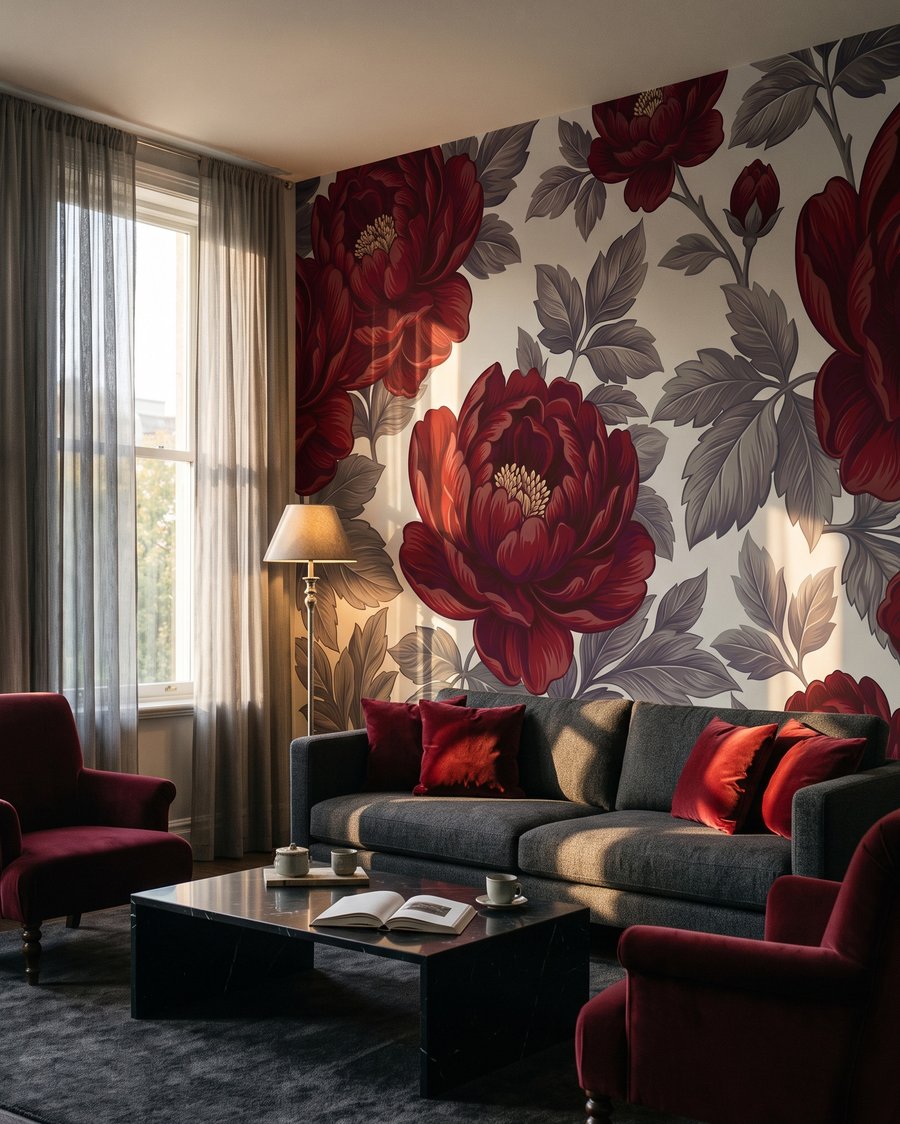 Dunkelrote Blüten auf Weiß — Interieur 4