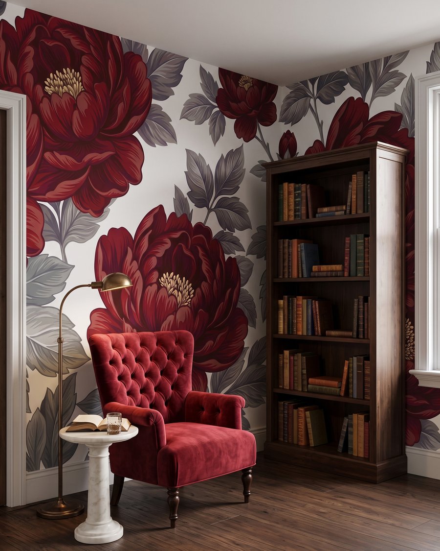 Dunkelrote Blüten auf Weiß in einem Interieur