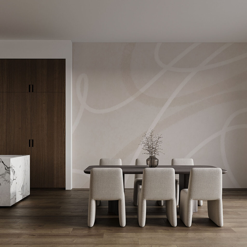 Helle Schlaufen auf Farbbahnen in einem Interieur