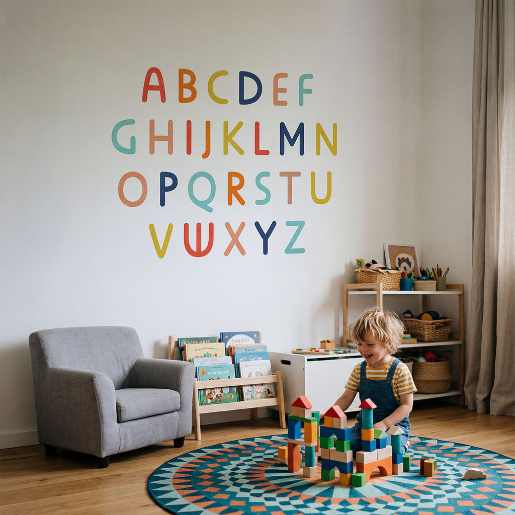 Alphabet in fröhlichen Farben in einem Interieur