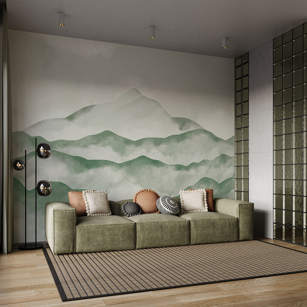 Bergkette in Nebelbänken in einem Interieur