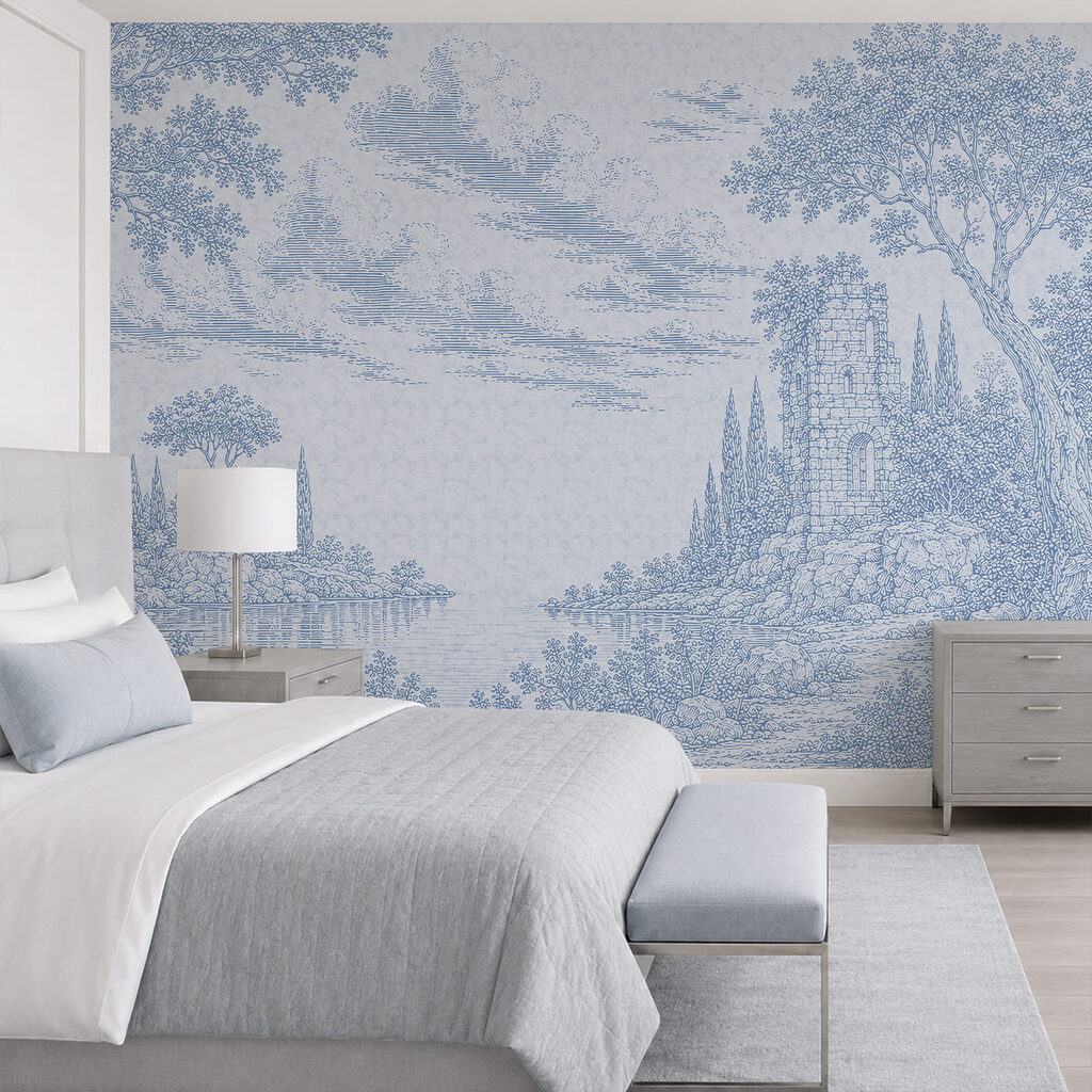 Blau gezeichnete Landschaft in einem Interieur