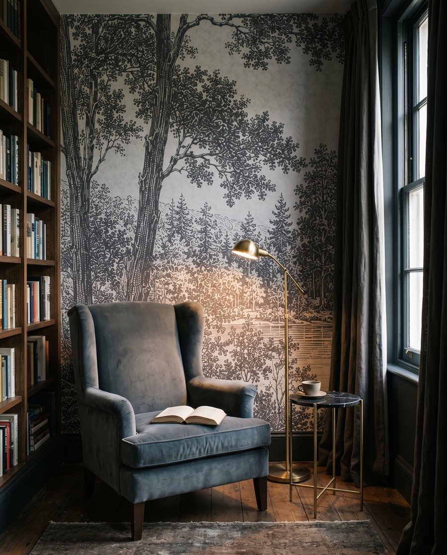 Waldsee in feiner Gravur in einem Interieur