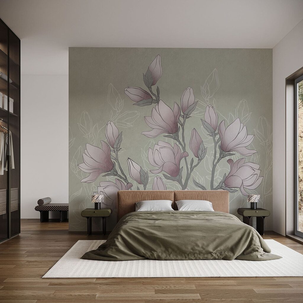 Gezeichneter Blütenzweig in einem Interieur