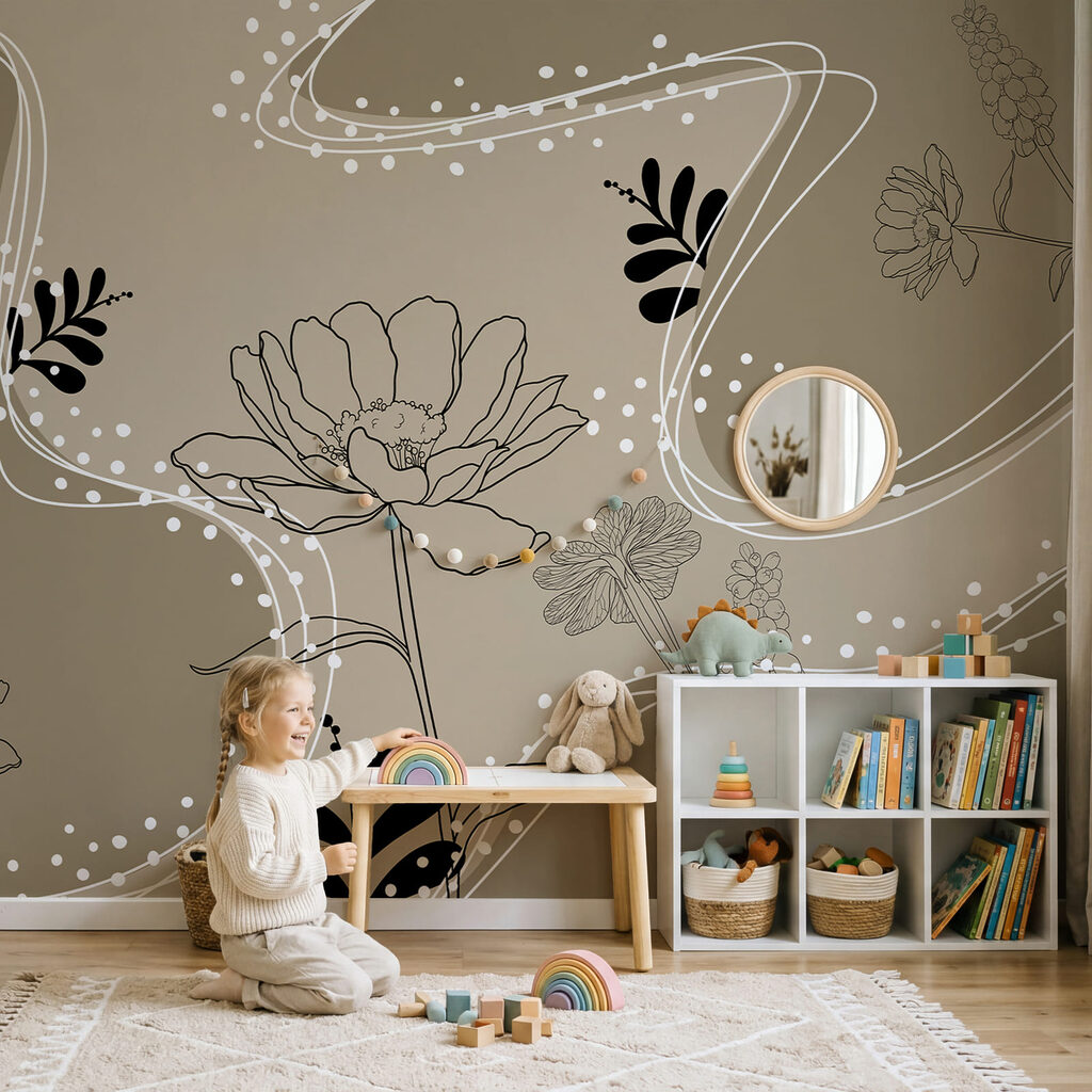 Blüten zwischen gepunkteten Schnörkeln in einem Interieur