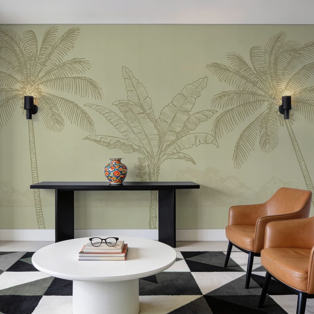 Palmen vor fernen Bergen in einem Interieur