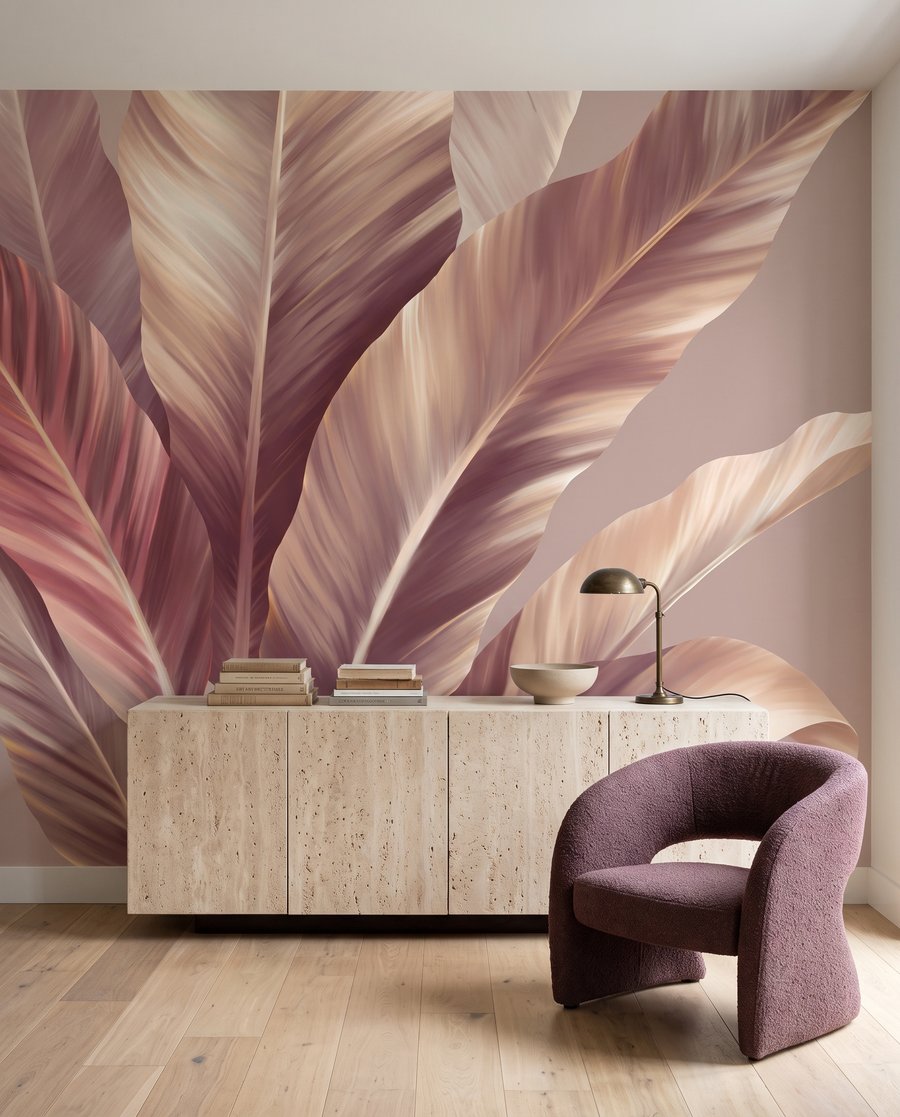 Breite Blätter in Farbflächen in einem Interieur