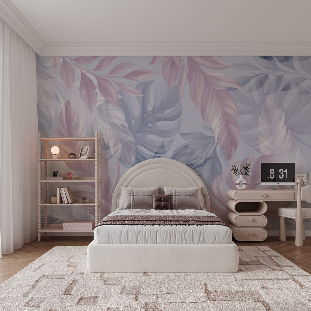 Tropische Blätter in Farbschichten in einem Interieur