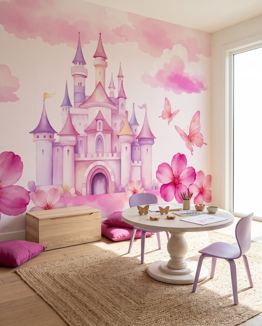 Schloss zwischen Blütenwolken in einem Interieur