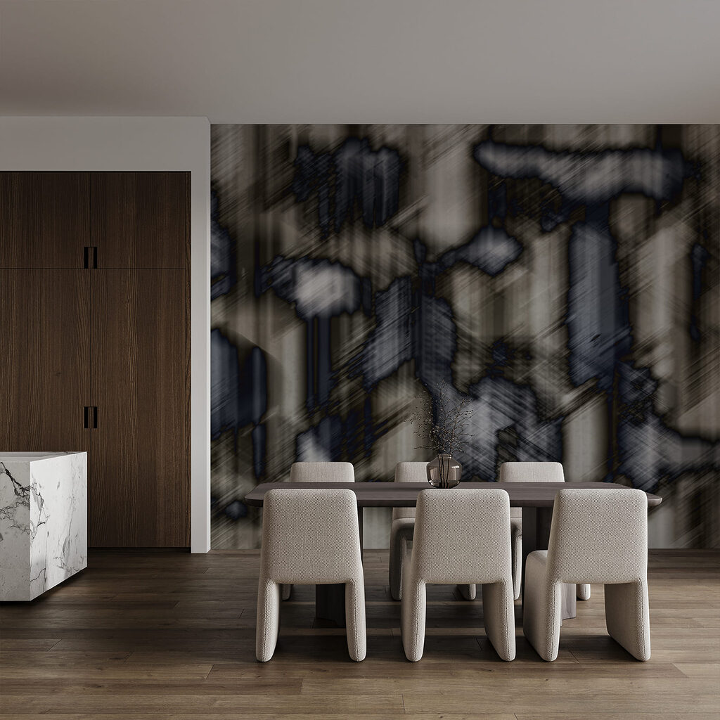 Stadt im Regenschleier in einem Interieur